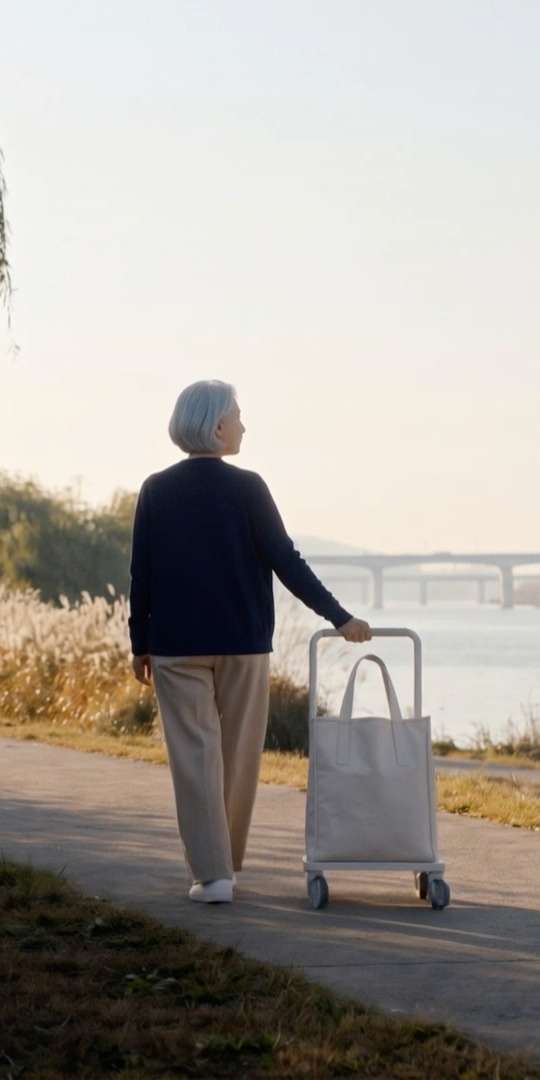 버드나무와 억새 그늘 옆 강변 산책로에서 소요백을 몸 옆에 두고 밀며 걸어가는 사람의 뒷모습